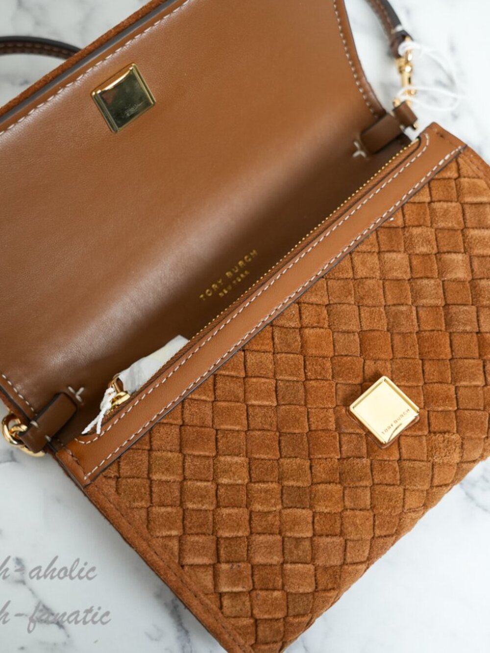 Tory Burch Thea Woven Suede Flat Wallet Crossbody in Chicory Brown NWT - Picture 9 of 16